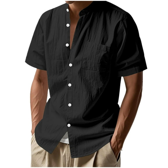 USNSM Linen Shirts for Men Button Down Short Sleeve Casual Summer Beach Shirts Lightweight Comfy Regular Fit Shirt with Pocket Black XL