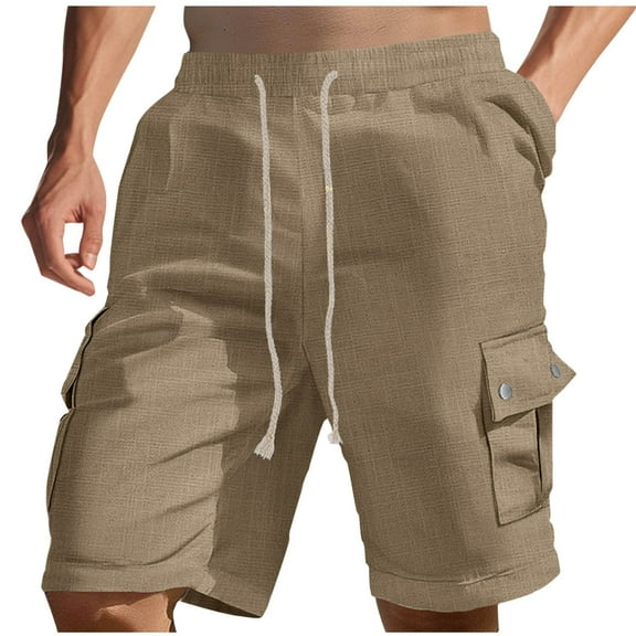 USNSM Linen Shorts for Men Baggy Elastic Waist Bermuda Cargo Shorts with Pockets 2025 Summer Casual Beach Vacation Outfits Khaki M
