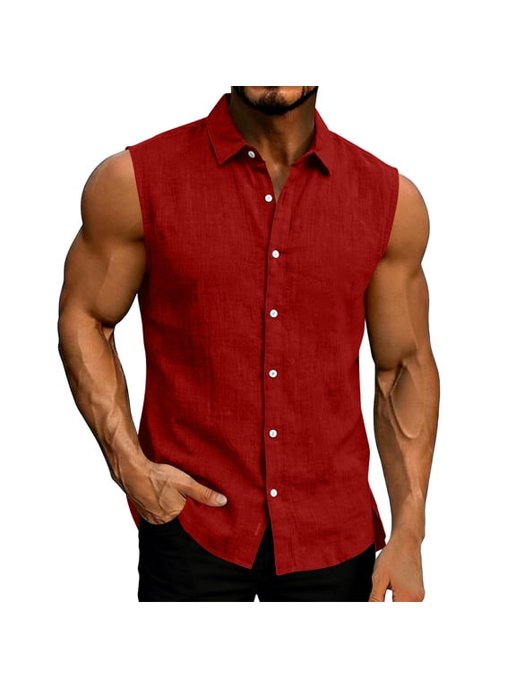 Linen Sleeveless Dress Shirts for Men Button Down Collared Beach Tank Tops Casual Trendy Business Work Blouse Red L