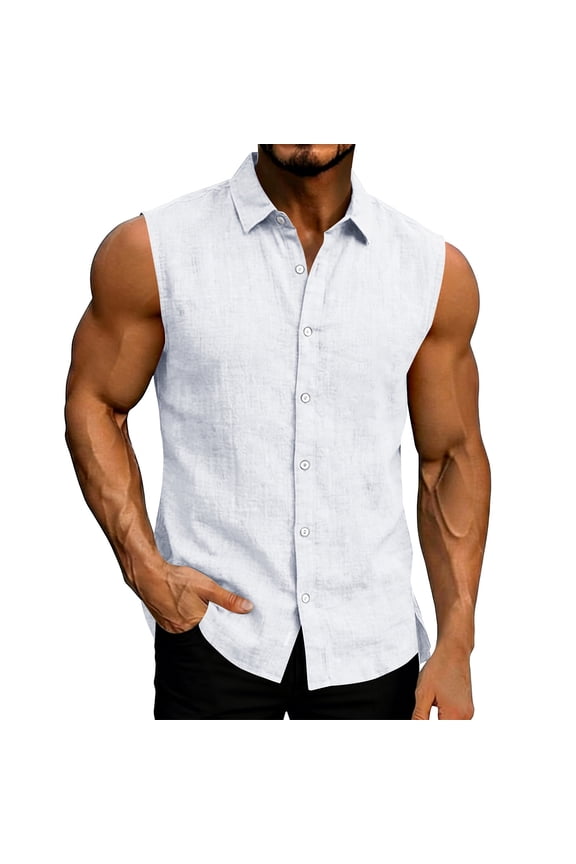 Linen Sleeveless Dress Shirts for Men Button Down Collared Beach Tank Tops Casual Trendy Business Work Blouse White XXL