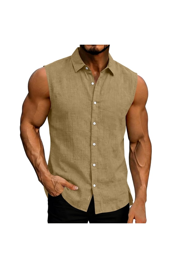 Linen Sleeveless Dress Shirts for Men Button Down Collared Beach Tank Tops Casual Trendy Business Work Blouse Yellow XXL