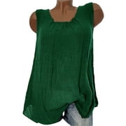 USNSM Linen Tank Tops for Women Loose Fit Casual Summer Sleeveless Pleated Round Neck Workout Basic Shirts Solid Color Oversized Baggy Cotton Tshirt Blouse Green#02 M