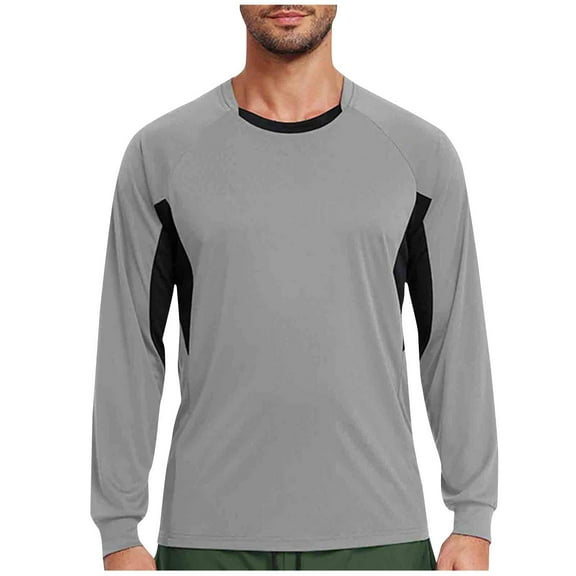 USNSM Long Sleeve Shirts for Men Quick Dry Moisture Wicking Solid Color Splicing Sports Round Neck T-Shirts for Workout Swim Gray XL