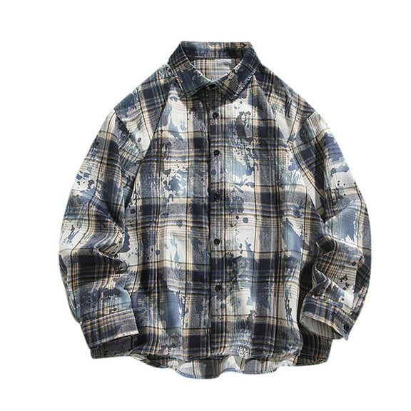 USNSM (M-5XL) Big and Tall Flannel Shirts for Men Cotton Long Sleeve Vintage Casual Button Down Plaid Shirt Blue M