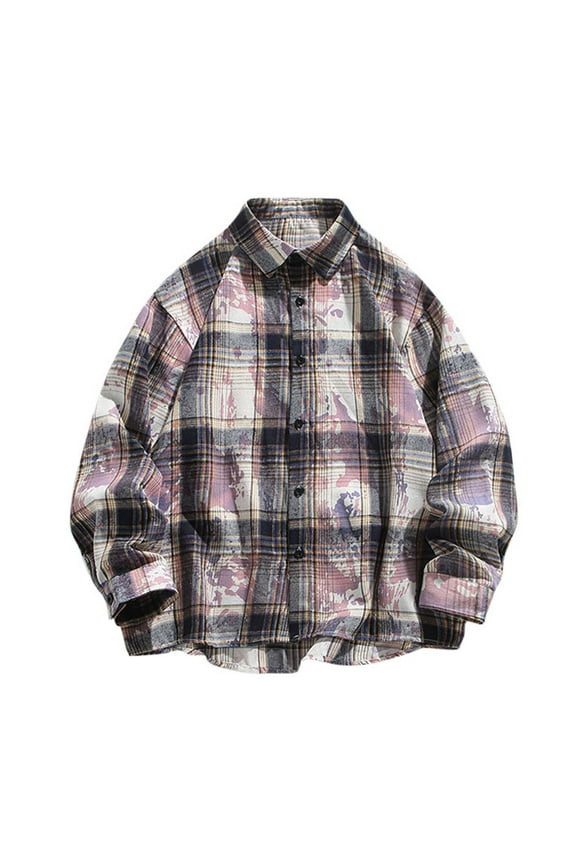 (M-5XL) Big and Tall Flannel Shirts for Men Cotton Long Sleeve Vintage Casual Button Down Plaid Shirt Purple XL