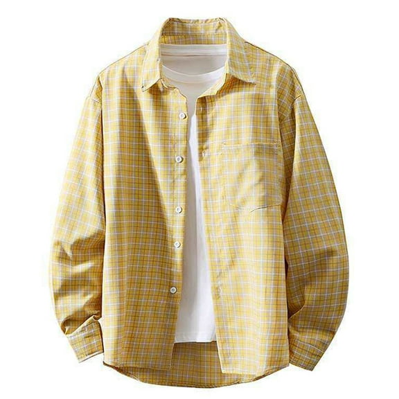 USNSM (M-5XL) Big and Tall Flannel Shirts for Men Cotton Long Sleeve Vintage Casual Button Down Plaid Shirt Yellow XL