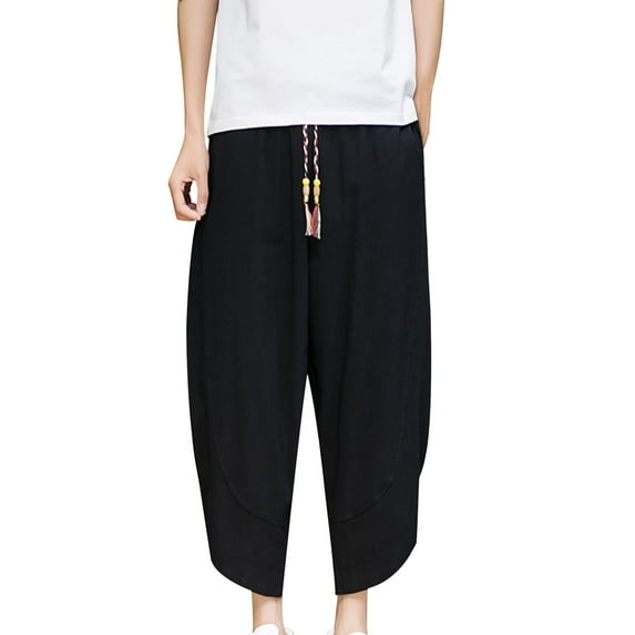 USNSM (M-5XL) Big and Tall Men's Casual Elastic Waist Linen Capri Pants Wide Leg Baggy Cotton Harem Yoga Trousers Loose Patchwork Short Black XXXXXL