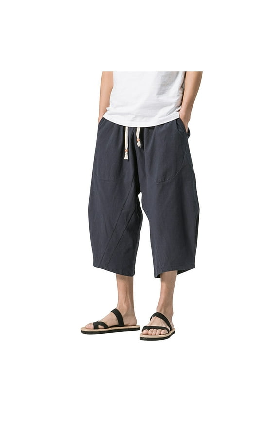 (M-5XL) Big and Tall Men's Casual Linen Shorts Below Knee Elastic Drawstring Tapered Capri Long Shorts Loose Fit Summer Shorts Navy XXL