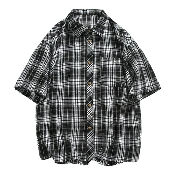 USNSM (M-5XL) Big and Tall Men's Classic Plaid Lapel Short Sleeve Shirt Summer Outdoor Casual Loose Comfort Breathable Shirt Tops Black XXL