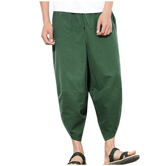 USNSM (M-5XL) Big and Tall Men's Cotton Linen Drawstring Harem Pants Elastic Waist Casual Summer Loose Comfort Breathable Pants Green L