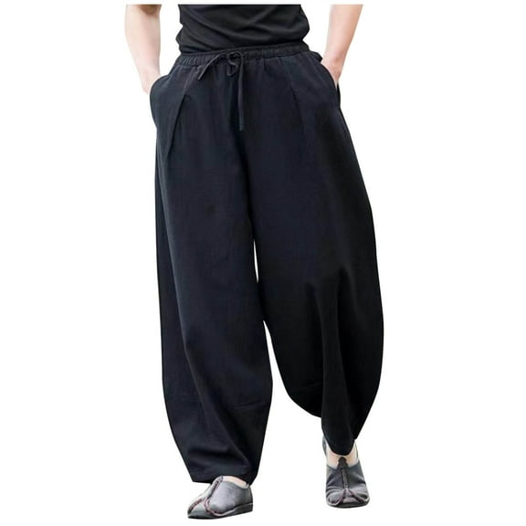 USNSM (M-5XL) Big and Tall Men's Cotton Linen Pants Casual Harem Pants Elastic Waist Beach Boho Yoga Trousers Black XXXL