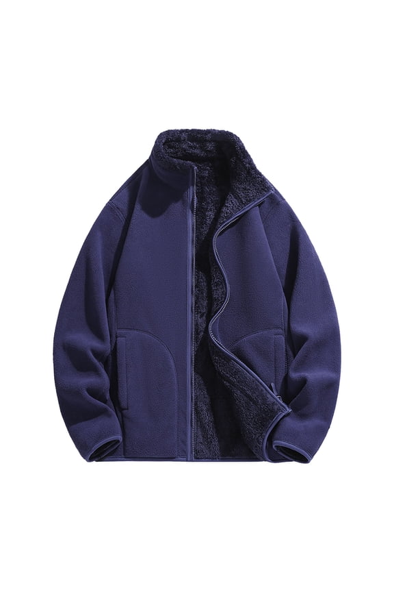 (M-5XL) Big and Tall Men's Fashion Solid Color Stand Collar Zipper Pocket Fleece Jacket Top Casual Long Sleeve Hoodless Coat Blue L