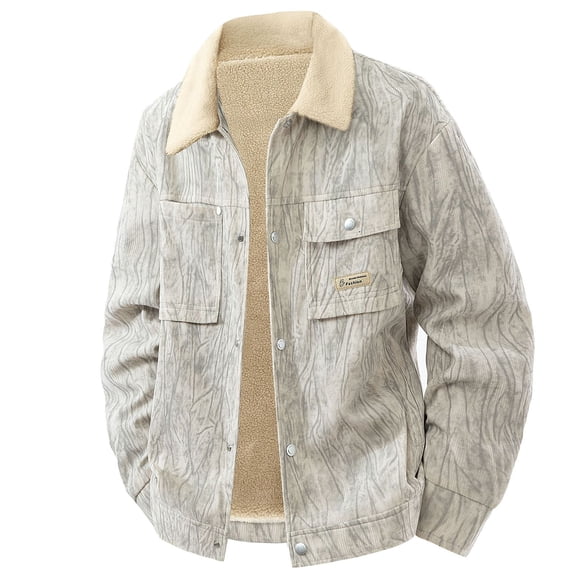 USNSM (M-5XL)Big and Tall Men's Fleece Corduroy Jackets Sherpa Lined Snap Button Up Long Sleeve Coats Winter Warm Thick Lapel Outwears Beige XXXXXL