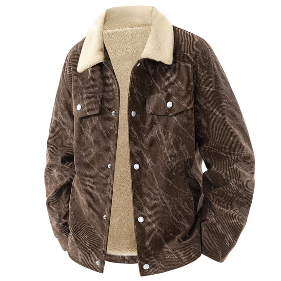 USNSM (M-5XL)Big and Tall Men's Fleece Corduroy Jackets Sherpa Lined Snap Button Up Long Sleeve Coats Winter Warm Thick Lapel Outwears Brown XXXXL