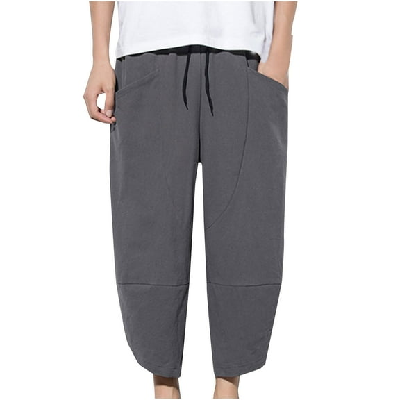 USNSM (M-5XL)Big and Tall Men's Linen Capri Pants Casual Lightweight Baggy Pants Drawstring Elastic Waist Beach Yoga Pants with Pocket Dark Gray XL