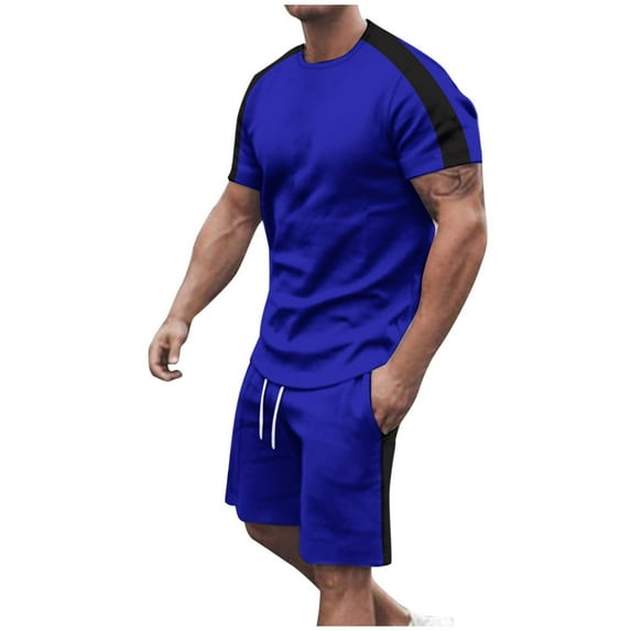 USNSM (M-5XL) Big and Tall Men's Round Neck Short Sleeve Colorblock Printed T-Shirt Top Shorts Set Pants Shirt Set Blue XXXL