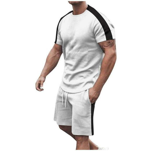 USNSM (M-5XL) Big and Tall Men's Round Neck Short Sleeve Colorblock Printed T-Shirt Top Shorts Set Pants Shirt Set White XXXXXL