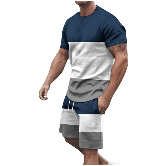 USNSM (M-5XL) Big and Tall Men's Round Neck Short Sleeve Patchwork Color Casual Athletic T-Shirt Top Shorts Set Blue M
