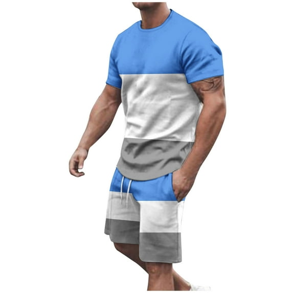 USNSM (M-5XL) Big and Tall Men's Round Neck Short Sleeve Patchwork Color Casual Athletic T-Shirt Top Shorts Set Blue XXXXXL