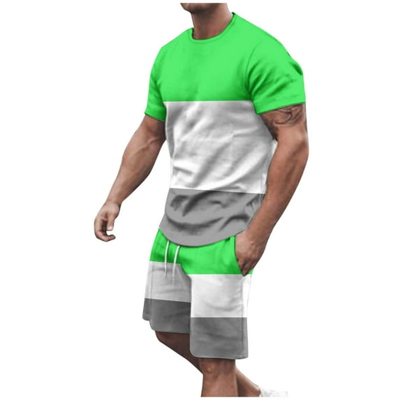 USNSM (M-5XL) Big and Tall Men's Round Neck Short Sleeve Patchwork Color Casual Athletic T-Shirt Top Shorts Set Green XL