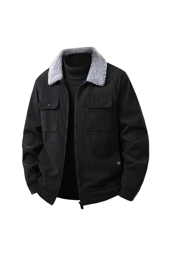 (M-5XL) Big and Tall Men's Sherpa Lined Corduroy Lapel Zipper Jacket Vintage Casual Thickened Winter Warm Fleece Jacket Coat Black XXXXXL