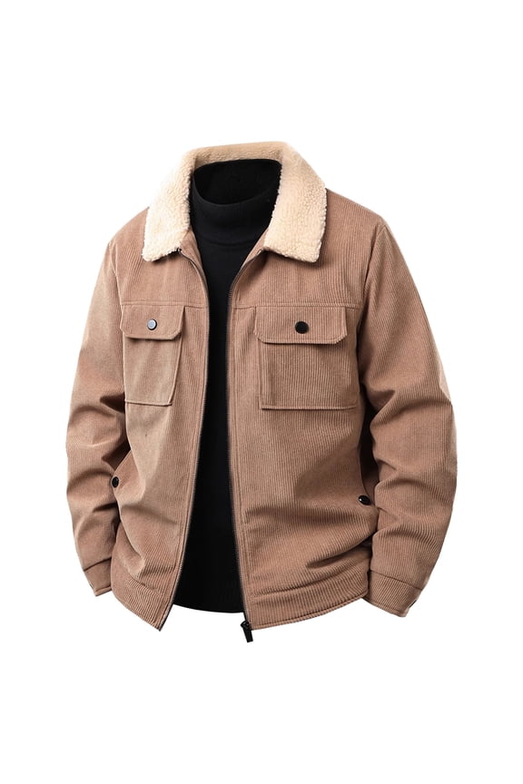 (M-5XL) Big and Tall Men's Sherpa Lined Corduroy Lapel Zipper Jacket Vintage Casual Thickened Winter Warm Fleece Jacket Coat Yellow XXL