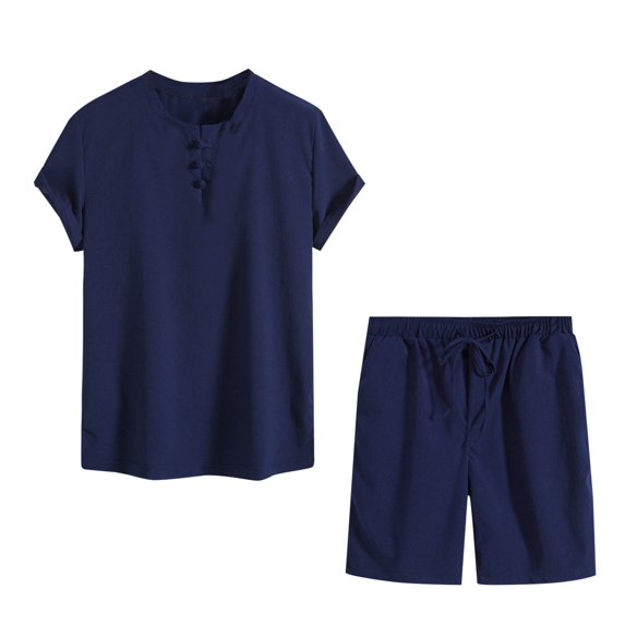 USNSM (M-5XL) Big and Tall Men's Solid Color Casual Pocket Drawstring Shorts Plate Button Short Sleeve V-Neck Top Set Blue XL
