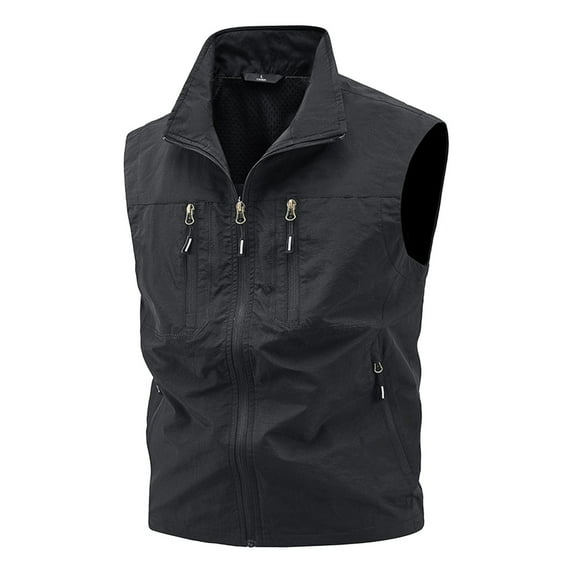 USNSM (M-5XL) Big and Tall Men's Work Vest Zipper Standing Collar Multiple Pockets Outdoor Utility Vest Lightweight Jacket Coat Black XXL