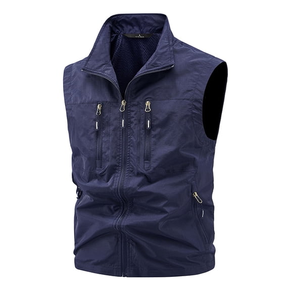 USNSM (M-5XL) Big and Tall Men's Work Vest Zipper Standing Collar Multiple Pockets Outdoor Utility Vest Lightweight Jacket Coat Blue XL