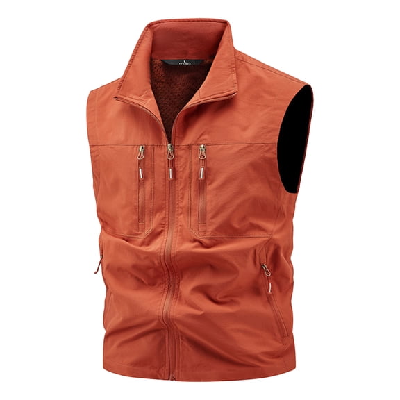 USNSM (M-5XL) Big and Tall Men's Work Vest Zipper Standing Collar Multiple Pockets Outdoor Utility Vest Lightweight Jacket Coat Red XXL