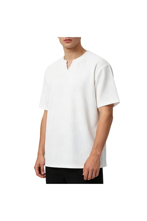(M-5XL) Big and Tall Mens Cotton T Shirt Solid Color Loose Casual V-Neck Shirt Short Sleeve Basic Tops Athletic Tee Shirts White M