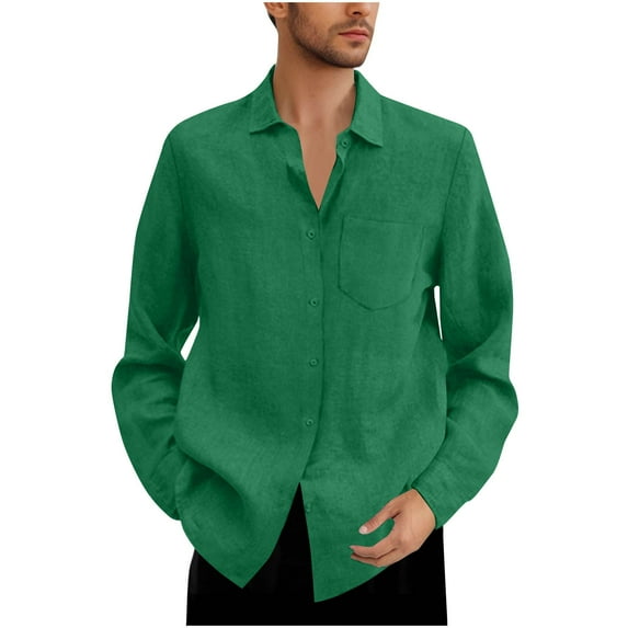 USNSM (M-5XL) Big and Tall Mens Dress Shirts Long Sleeve Linen Dress Shirts Casual Lapel Button Down Shirt with Pocket Green XXXXL