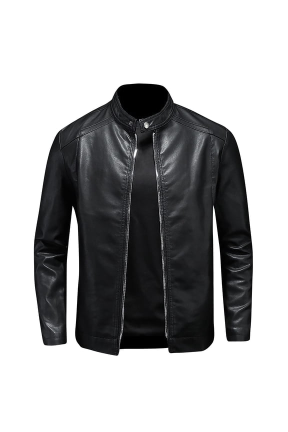 (M-5XL) Big and Tall Mens Stand Collar Slim Leather Jacket Motorcycle Causal Coat Long Sleeve Hoodless Leather Jackets Black XXXXXL
