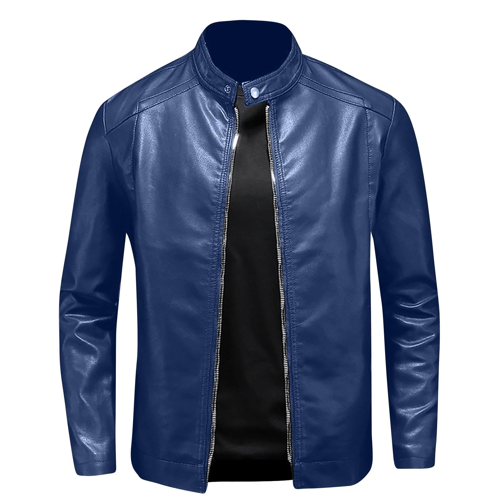 USNSM (M-5XL) Big and Tall Mens Stand Collar Slim Leather Jacket Motorcycle Causal Coat Long Sleeve Hoodless Leather Jackets Blue L
