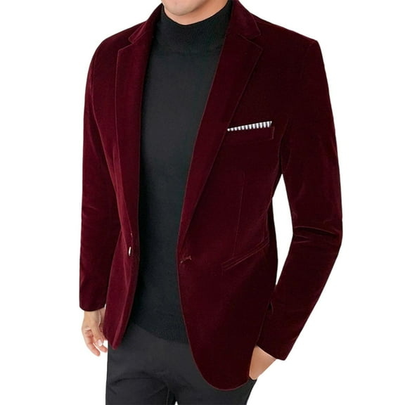 USNSM (M-5XL) Big and Tall Slim Fit Velvet Mens Blazer Peak Lapel One Button Tuxedos Jacket Wedding Party Coat Red L