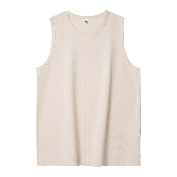 USNSM (M-5XL) Fashion Big and Tall Men's Casual Solid Color Fitness Sport Slim Round Neck Tank Top Beige XXL