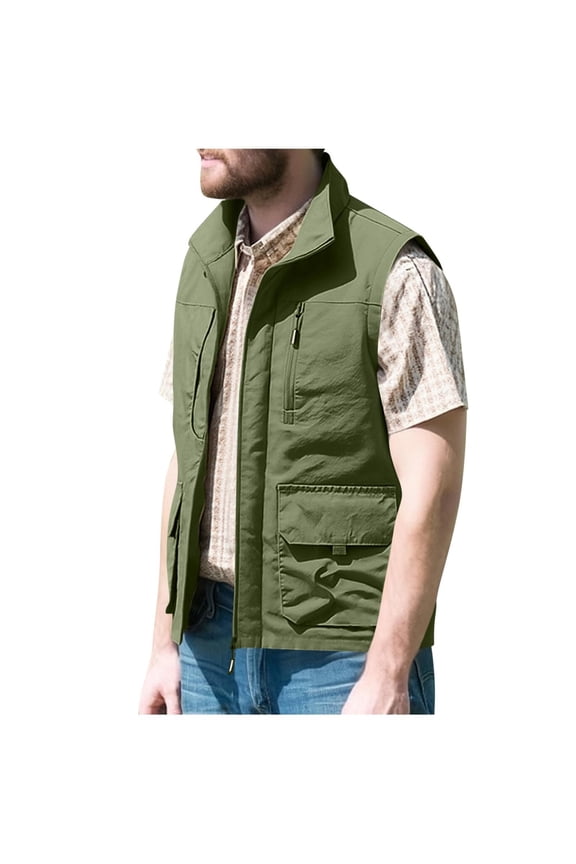 (M-5XL) Men's Big and Tall Cargo Tank Tops Fashion Zipper Stand Collar Shirt Jackets Outdoor Multi-Pocket Work Waistcoat Vest Green M