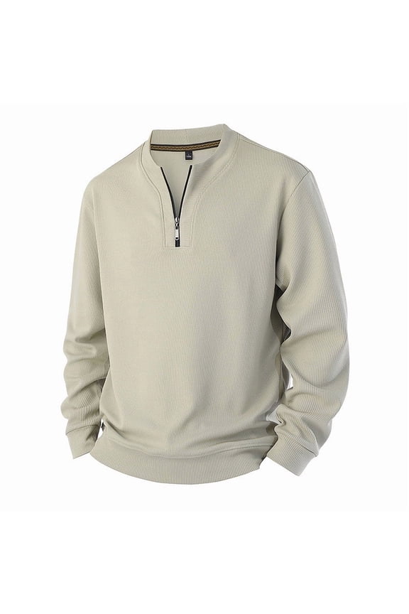 (M-5XL) Men's Big and Tall Quarter Zip Up Sweaters Lightweight Solid Color Long Sleeved Round Neck Pullover Casual Shirts Beige XXXXXL