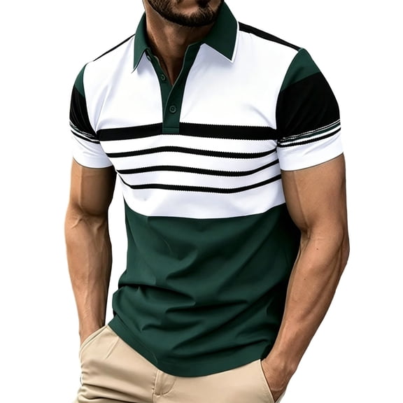 USNSM (M-5XL) Men's Big and Tall Shirts Short Sleeve Lapel Top Casual Buttons T Shirt Striped Color Block Slim Fit Golf Shirts Green M