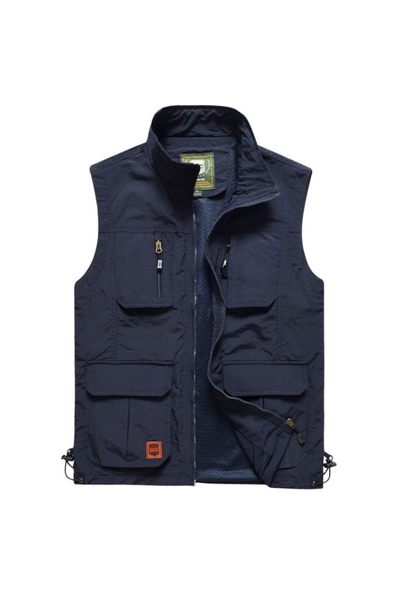 (M-5XL) Men's Big and Tall Vest Outdoor Work Quick-Dry Zipper V-neck Travel Vest Jacket with Multi Pockets Blue XXXL