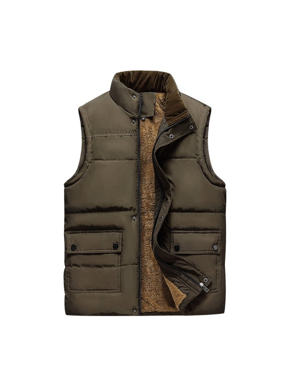(M-5XL) Men's Big and Tall Winter Warm Outdoor Padded Puffer Vest Thick Fleece Lined Zipper Sleeveless Jacket Brown L