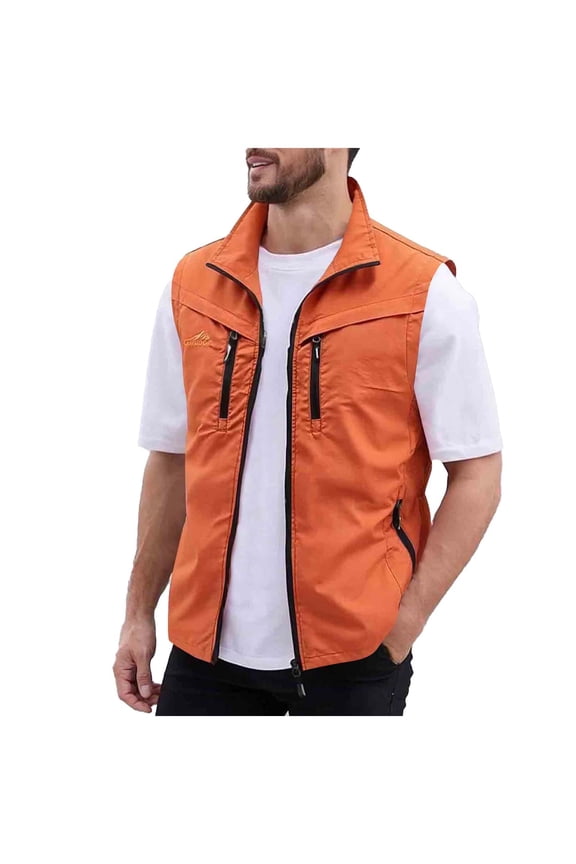 (M-5XL) Men's Cargo Tank Tops Jackets Plus Size Fashion Zipper Stand Collar Sleeveless Loose Comfy Multi-Pockets Vest Coat Red M
