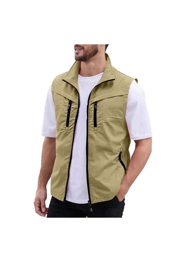 (M-5XL) Men's Cargo Tank Tops Jackets Plus Size Fashion Zipper Stand Collar Sleeveless Loose Comfy Multi-Pockets Vest Coat Yellow M