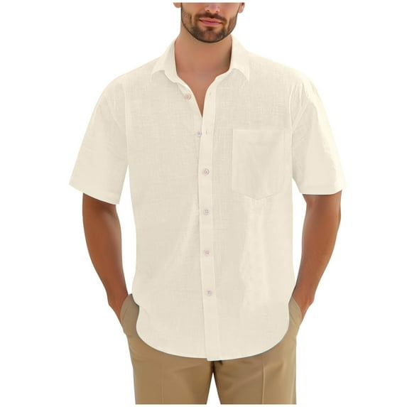 USNSM (M-5XL) Men's Cotton Linen Short Sleeve Shirts Casual Lightweight Button Down Shirts Vacation Beach Summer Tops with Pocket Beige XXL