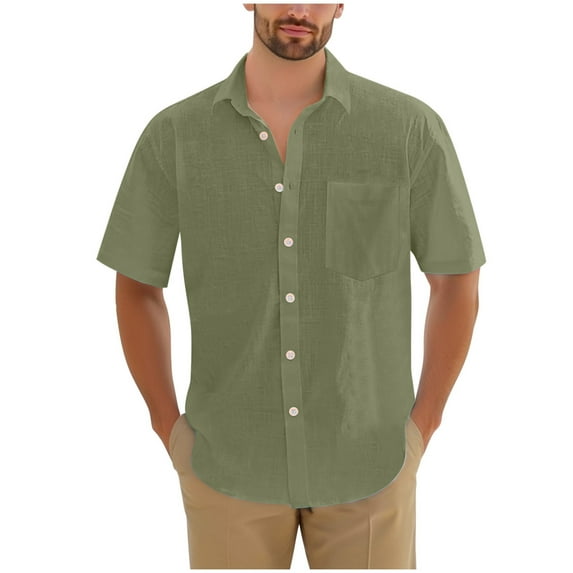 USNSM (M-5XL) Men's Cotton Linen Short Sleeve Shirts Casual Lightweight Button Down Shirts Vacation Beach Summer Tops with Pocket Green XL