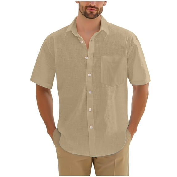 USNSM (M-5XL) Men's Cotton Linen Short Sleeve Shirts Casual Lightweight Button Down Shirts Vacation Beach Summer Tops with Pocket Yellow XXXL