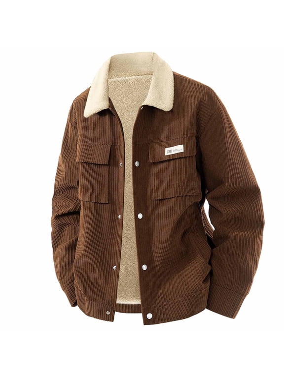 (M-5XL)Men's Fleece Corduroy Jackets Sherpa Lined Snap Button Up Long Sleeve Coats Winter Warm Thick Lapel Collar Casual Outwears Brown M