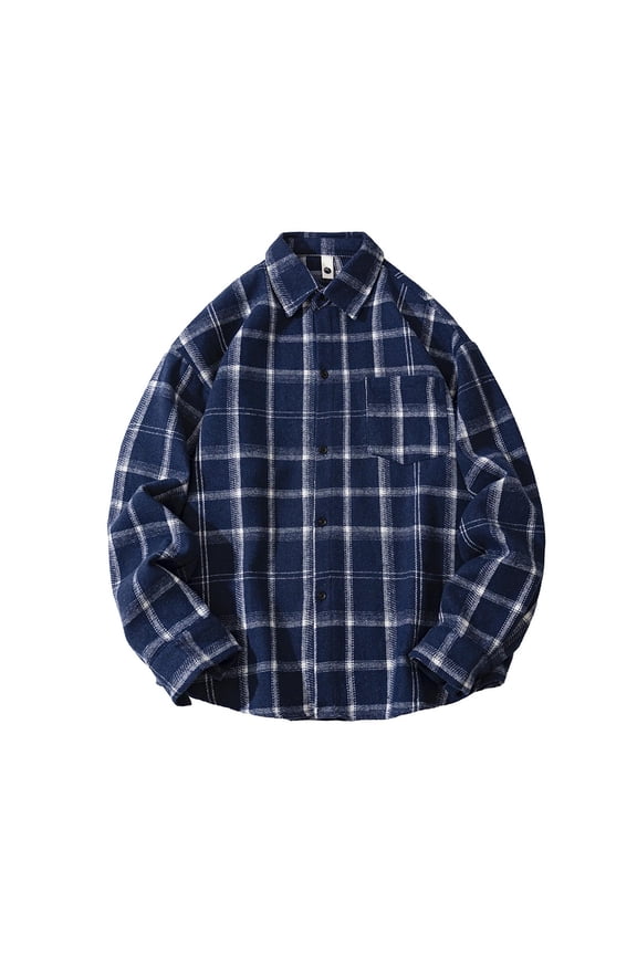 (M-5XL) Men's Vintage Casual Flannel Shirts Big and Tall Long Sleeve Pocket Button Down Plaid Fall Shirt Casual Work Tops Blue M