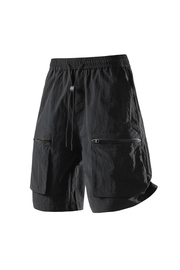 Men's Stretch Quick Dry Cargo Shorts Big and Tall Solid Color Zipper Multi Pocket Drawstring Elastic Waist Sports Shorts for Hiking Travel Black S