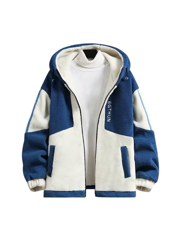 (M-5XL) Mens Big and Tall Thick Fleece Winter Coat Zip Up Fuzzy Sherpa Hoodie Sweatshirt Quilted Lined Warm Jacket Blue XXXXXL